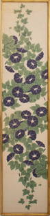 Japanese Morning Glories Woodblock on Silk Panel: Japanese Cascading Morning Glories Woodblock on Silk Panel, giltwood frame. Image: 60" H x 13" W; frame: 61.5" H x 14.5" W. Provenance: From an East Village Estate. Keywords: Prints, Multiples, Asian