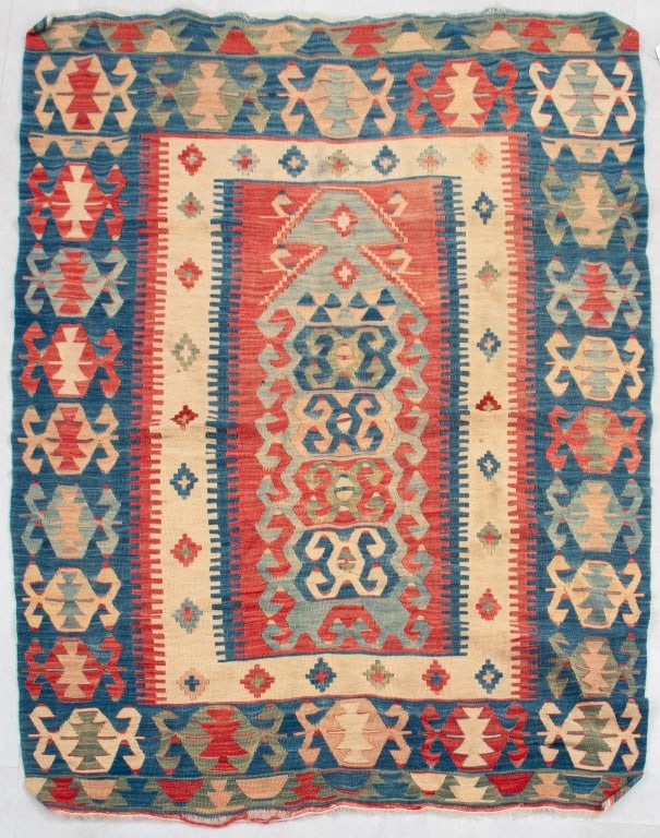 Turkish Kilim Rug, 4' 6" x 3' 4": Turkish Kilim Rug. 4' 6" H x 3' 4" W. Provenance: From a New York City Collection. Keywords: Textile, Rug, Carpet, Turkey, Wool, Decorative Arts