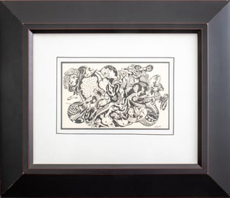 Initialed G.T.S. Whimsical Scene Ink on Paper