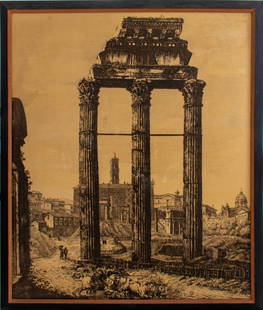 After Huber Roman Forum Large Lithograph on Board: After an Engraving by Jakob-Wilhelm Huber (German, 1787-1871), Monumental Lithograph on Board, depicting a view of the Roman Forum, ebonized frame. Image: 53" H x 44" W; frame: 58" H x 49.5" W. Proven