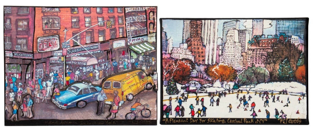 P.J. Cobbs Cityscapes Mixed Media, 2: Patricia Jacobs Cobbs (American, XX-XXI), Two Cityscapes, Mixed Media, comprising: "A Pleasant Day for Skating, Central Park, NY", hand-painted title lower left and signed lower right, inscribed "PJ C