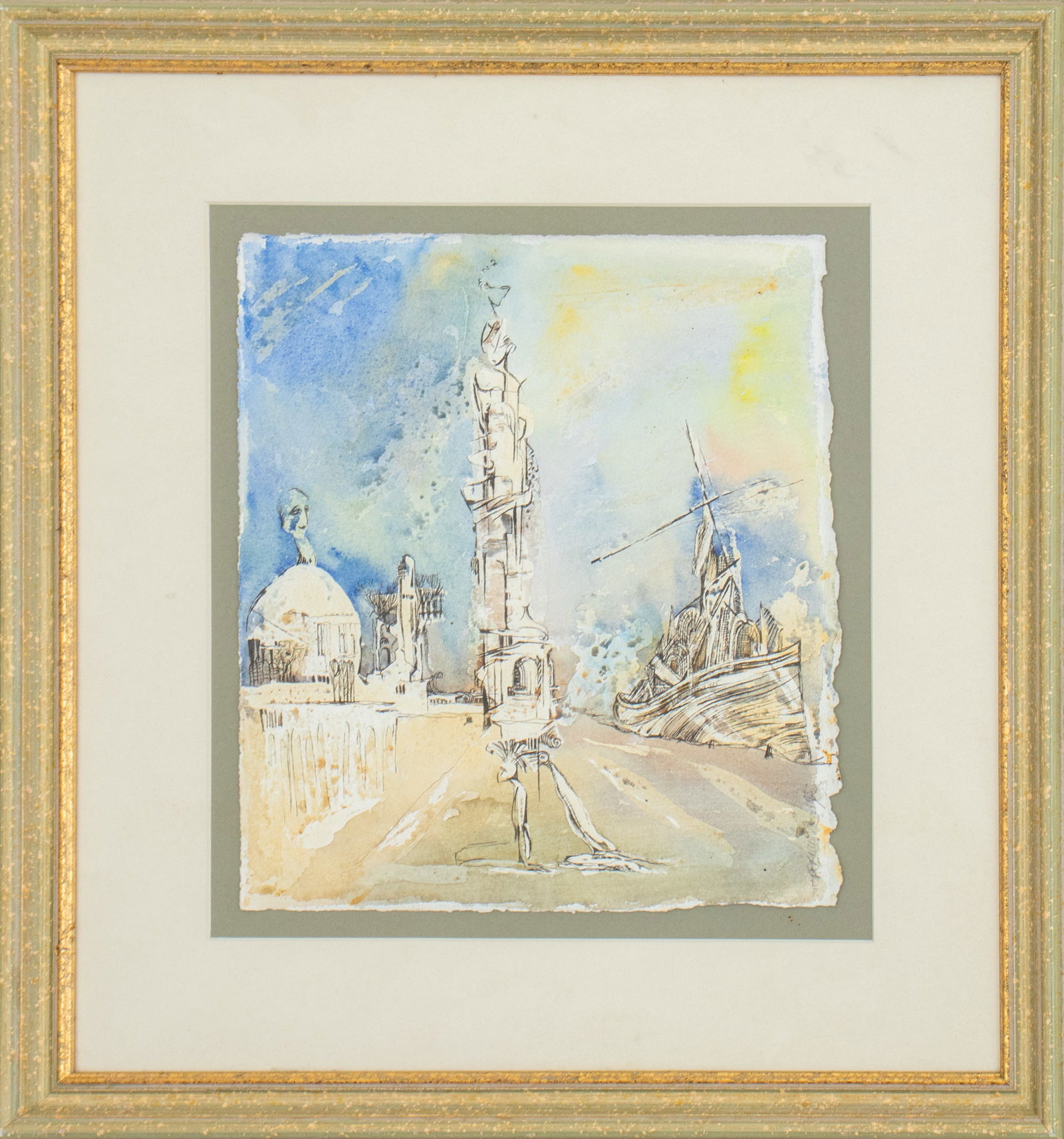 Illegibly Signed Surrealist Cityscape Mixed Media (1 of 9)