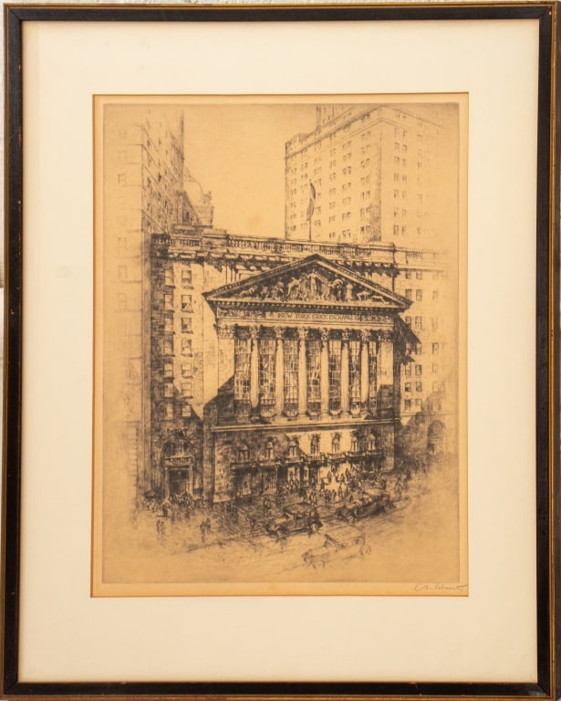 Anton Schutz "New York Stock Exchange" Etching: Anton Schutz (German, 1894-1977), "New York Stock Exchange", Etching, signed in pencil lower right, black wood frame. Image: 13.5" H x 10" W; frame: 19.75" H x 15.75" W. Provenance: From a New York Ci