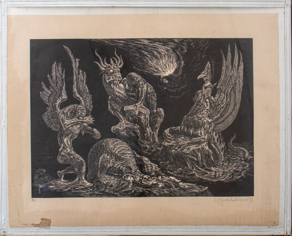 Illegibly Signed Four Beasts Woodcut on Paper (1 of 8)