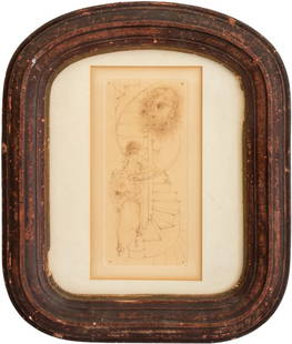 Hans Bellmer "Madame Edwarda" Etching on Paper: Han Bellmer (German, 1905-1975), "Madame Edwarda", Etching on Paper, 1965, depicting two female figures ascending a staircase, label to verso, painted wood frame. Image: 8" H x 4" W; frame: 13.25" H x