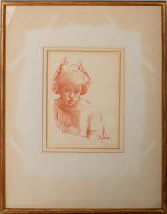 Richard Segalman Conte Crayon on Paper Study: Richard Segalman (American, b. 1934), Red Conte Crayon on Paper, depicting the head and torso of a figure, signed lower right, giltwood frame. Image: 7" H x 5.5" W; frame: 16" H x 12.5" W. Provenance: