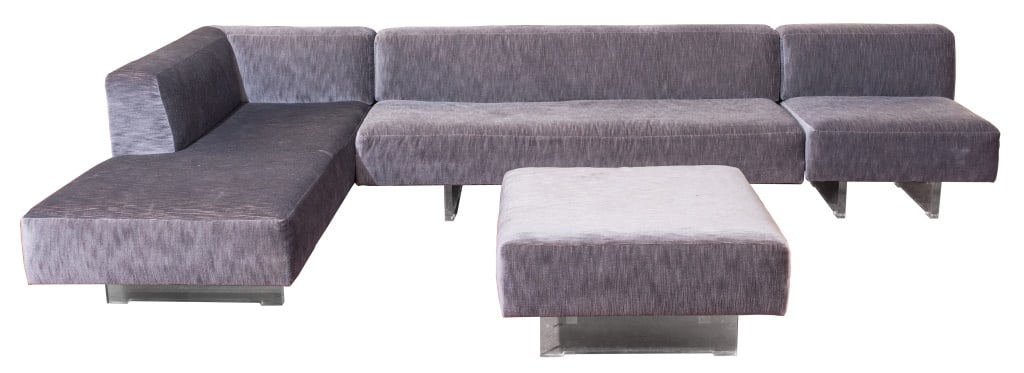 Vladimir Kagan Omnibus Four Piece Sectional Sofa: Vladimir Kagan Omnibus Four Piece Sectional Sofa, on lucite bases, apparently unmarked. 29" H x 138" W x 22" D; seat: 17.5" H. Provenance: From a TriBeCa Penthouse Collection. Keywords: Furniture, Des