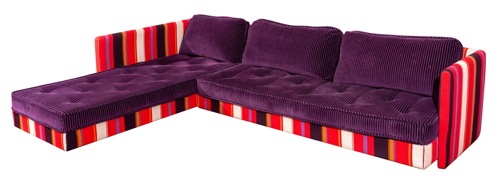 Ligne Roset "Nomade 2" Two-Piece Sectional Sofa: Ligne Roset "Nomade 2" Two-Piece Sectional Sofa, originally designed in 1996 by Didier Gomez, with striped wool upholstery and purple corduroy button down cushions. 27" H x 118" W x 34" D; lounge: 74"