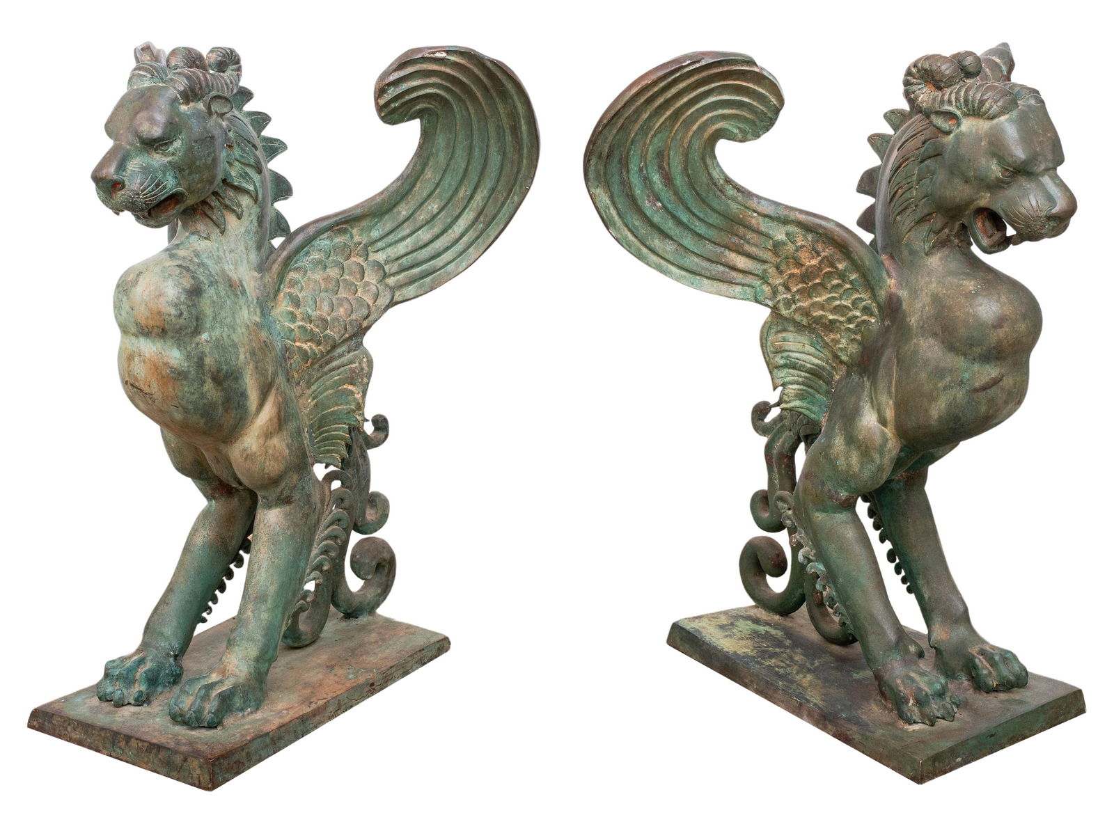 Grand Tour Revival Bronze Griffin Sculptures, 2: Pair of Grand Tour Revival Verdigris Patinated Bronze Griffin Sculptures, each with wings outspread seated upon a rectangular base. 31.5" H x 26.25" W x 19" D. Provenance: From an Upper West Side esta