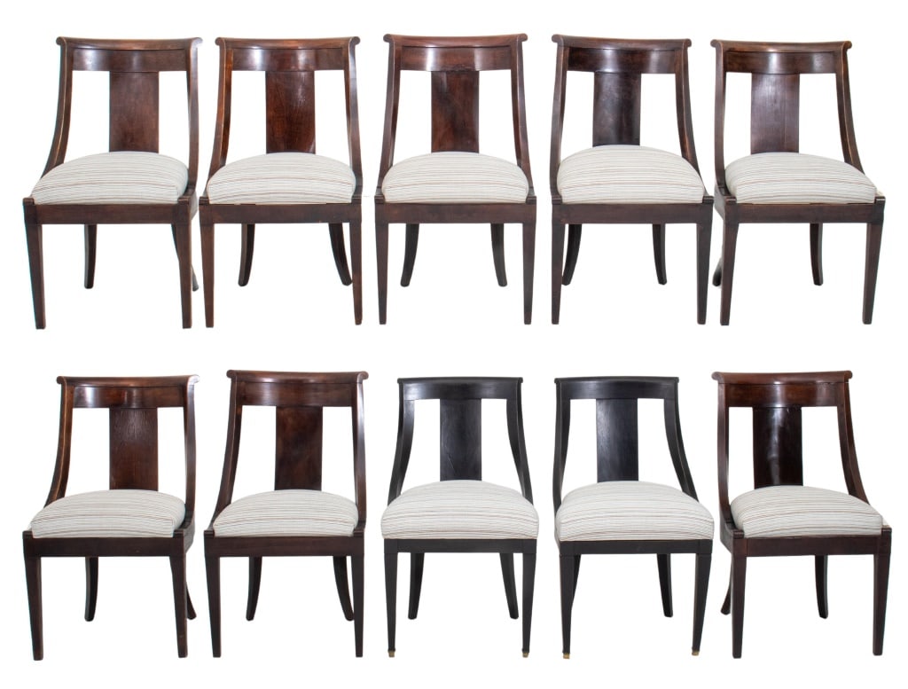 Empire Style Mahogany Dining Chairs, 10: Set of Ten Empire Style Mahogany Upholstered Dining Chairs, eight original and two associated chairs, apparently unmarked. 33" H x 19" W x 18" D, seat: 19" H. Provenance: New York City, Private Collec