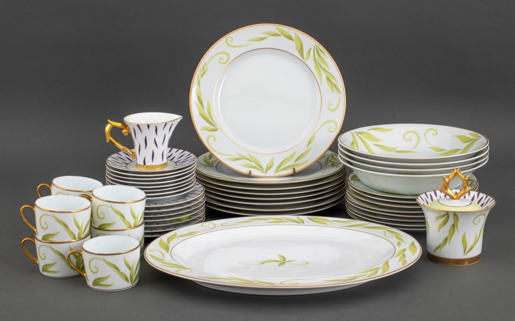 Bernardaud "Frivole" Porcelain Service, 45: Set of Forty-Five Bernardaud "Frivole" Pattern Porcelain Service, comprising: eight (8) dinner plates, eight (8) salad plates, seven (7) bread and butter plates, four (4) bowls, seven (7) tea cups, ei