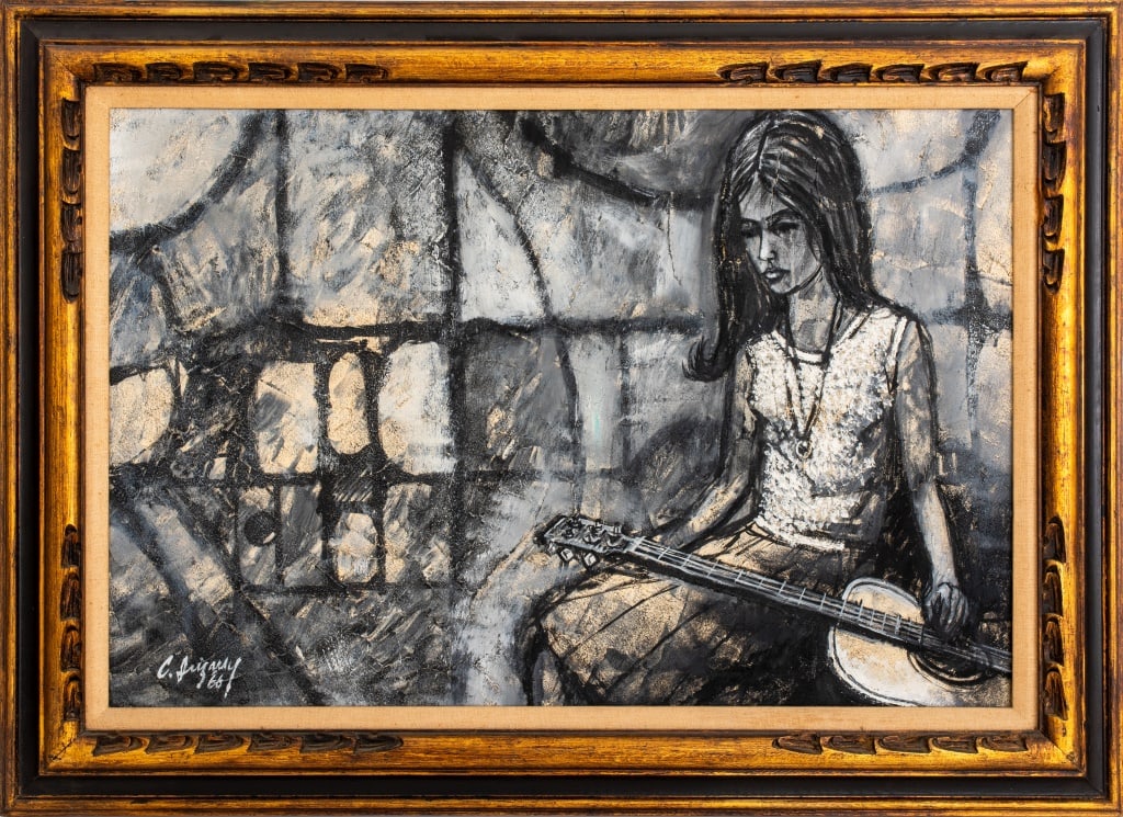 Carlos Irizarry Woman Playing Guitar Oil on Canvas: Carlos Irizarry (American, 1938-2017), Woman Playing Guitar, Oil on Canvas, 1966, signed and dated lower left, giltwood frame. Image: 23.5" H x 35.5" W; frame: 32" H x 44" W. Provenance: From an East 