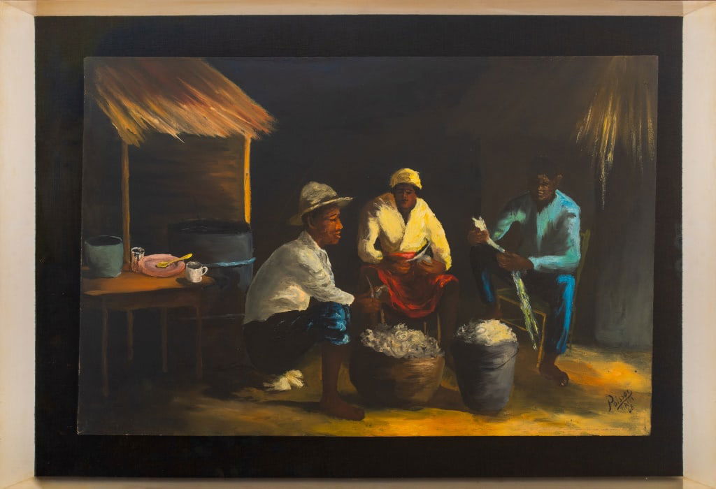 Louverture Poisson Figural Group Oil on Canvas: Louverture Poisson (Haitian, 1914-1985), Figural Group, Oil on Canvas, 1968, signed, inscribed "Haiti" and dated lower right, lucite shadow box frame. Image: 15.75" H x 23.75: W; frame: 20.5" H x 28.2