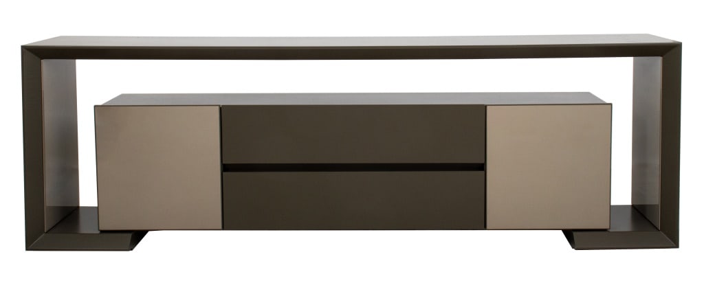 Moura Starr Console Cupboard Cabinet, 21st C.: Moura Starr (American, XX-XXI) Console Cupboard Cabinet, circa 2012, enamel-coated wood with inset opaque and tinted Plexiglas panels. 30.75" H x 94.5" W x 19.75" D. Provenance: From a New York City C