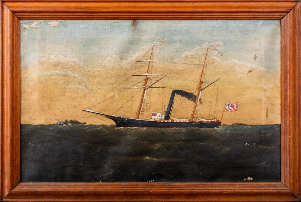 American School "U.S.S. Mayflower" Oil on Canvas: American School, "U.S.S. Mayflower", Oil on Canvas, circa 1900, depicting the presidential yacht, illegibly signed "K. Gibson(?)" lower right, wood frame. Image: 12.25" H x 19.25" W; frame: 15.25" H x