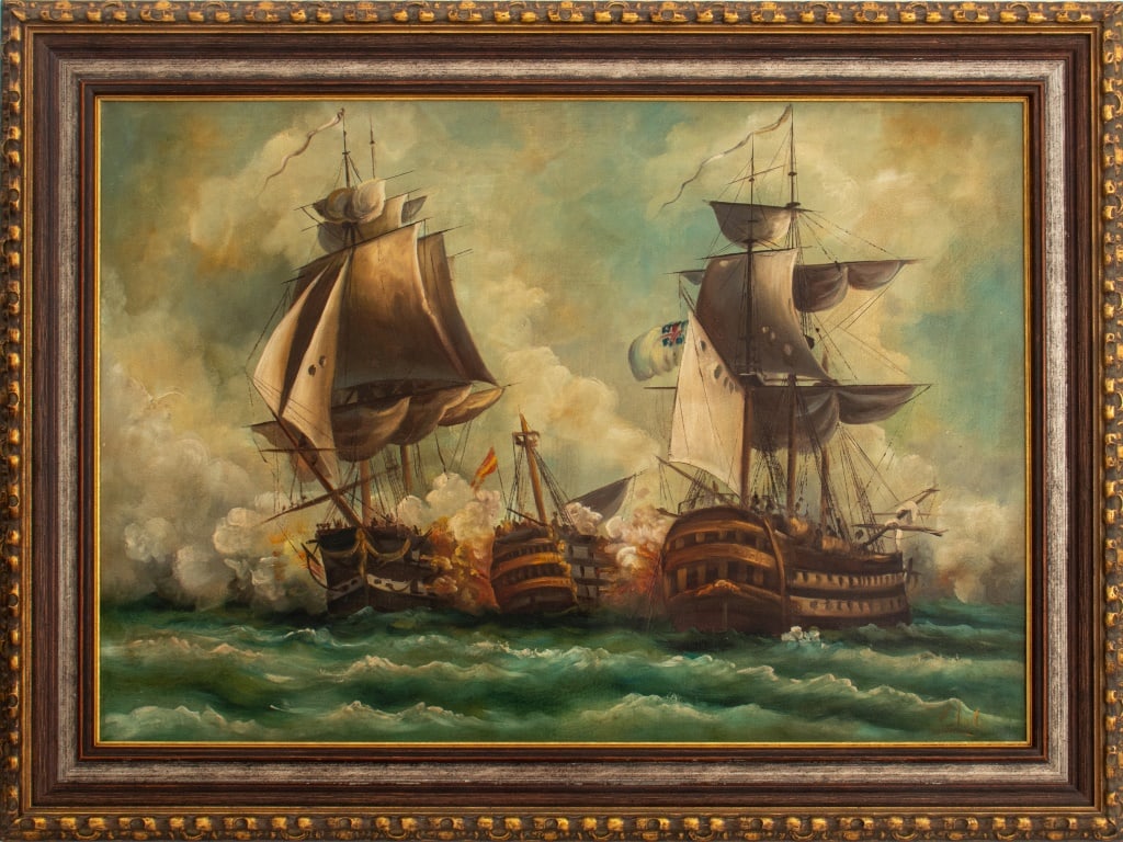British School Naval Battle Scene Oil on Canvas: British School, Naval Battle Scene, Oil on Canvas, illegibly signed lower right, 20th century, gilt wood frame. Image: 25"H x 36" W; frame: 32.25" H x 43" W. Provenance: From a Brooklyn Estate. Keywor