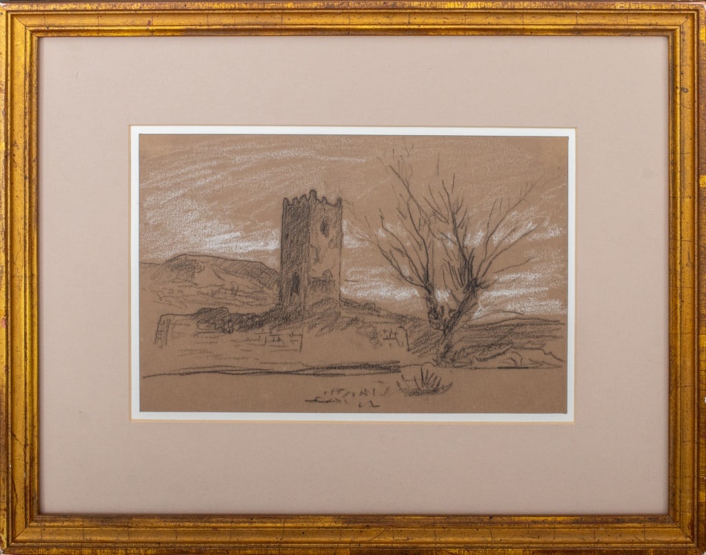 Elihu Vedder "Tower in a Landscape" Charcoal: Elihu Vedder (American, 1836-1923), "Tower in a Landscape", Charcoal on Paper, apparently unsigned, Taylor Graham and Kennedy Galleries labels to verso, giltwood frame. Image: 5.5" H x 8.5" W; frame: