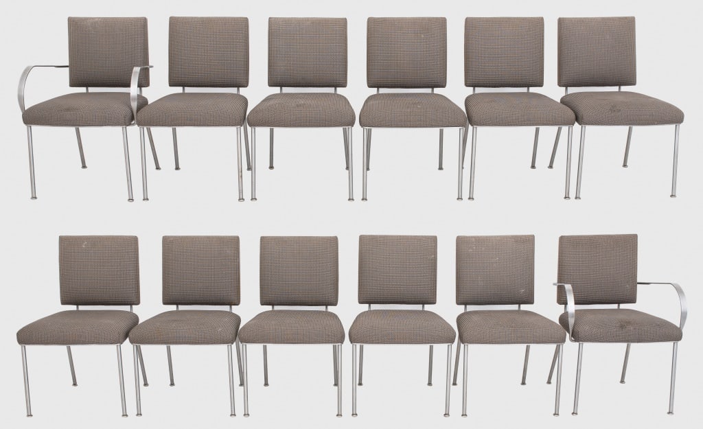 Antoine Proulx Postmodern Chrome Dining Chairs, 12: Set of Twelve Antoine Proulx for Dennis Miller Postmodern Upholstered Chrome Dining Chairs, two armchairs and ten side chairs, apparently unmarked. 32.5" H x 23" W x 22" D, seat: 17" H. Provenance: Fr