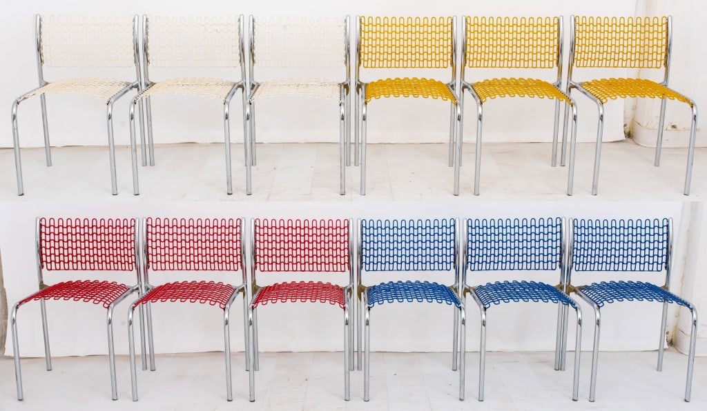 David Rowland for Thonet "Sof-Tek" Chairs, 12: Set of Twelve David Rowland for Thonet "Sof-Tek" Chairs, chrome and acrylic, comprising: three in red, three yellow, three blue, and three white, labeled "David Rowland Design for Thonet" to side of l