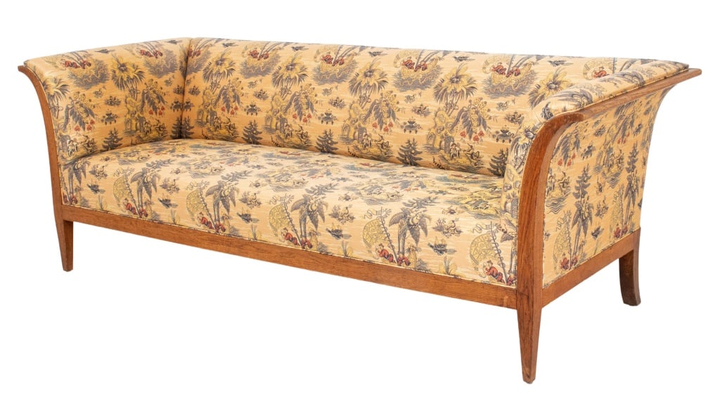 Biedermeier Oak Frame Upholstered Sofa: Biedermeier Oak Frame Upholstered Sofa, with chinoiserie naval scene cotton upholstery on four tapered legs, 19th century. 31.25" H x 84" W x 33" D; seating: 16.5" H. Provenance: New York City, Privat