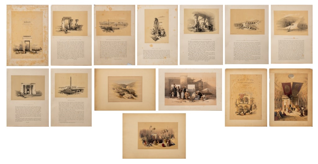 David Roberts "Egypt and Nubia" Lithographs, 15: David Roberts (British, 1796-1864), "The Holy Land, Syria, Idumea, Arabia, Egypt, and Nubia" Portfolio of Fifteen Lithographs, published by F.G. Moon, fifteen pages with illustrations and text. Sheets