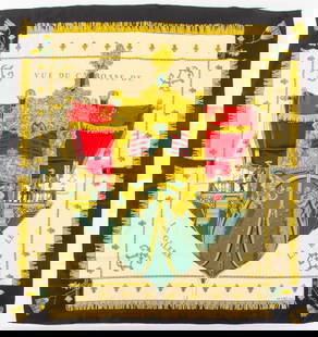 Hermes "Vue du Carosse" Silk Scarf: Hermes "Vue du Carosse" Silk Scarf, marked "Hermes / Paris" lower right. 33" L x 33" W. Provenance: From a 575 Park Avenue Estate. Keywords: Apparel, Fashion, Designer, Textile, Accessories, French