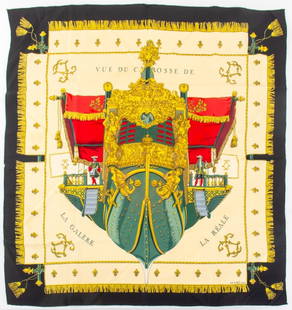 Hermes "Vue du Carosse" Silk Scarf: Hermes "Vue du Carosse" Silk Scarf, marked "Hermes / Paris" lower right. 33" L x 33" W. Provenance: From a 575 Park Avenue Estate. Keywords: Apparel, Fashion, Designer, Textile, Accessories, French