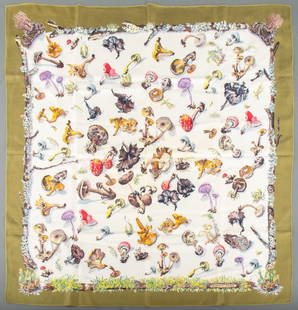 Hermes "Champignons" Silk Scarf: Hermes "Champignons" Silk Scarf, with green ground, marked "Hermes / Paris" lower right. 35" L x 35" W. Provenance: From a 575 Park Avenue Estate. Keywords: Apparel, Fashion, Designer, Parisian,