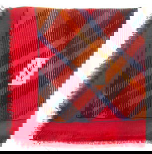 Yves Saint Laurent Colorful Plaid Silk Blend Scarf: Yves Saint Laurent Colorful Plaid Print Silk Blend Scarf with red border, marked "YSL" lower right and with "Yves Saint Laurent / Silk / Wool" label. 55" H x 52.5" W. Provenance: From a 575 Park