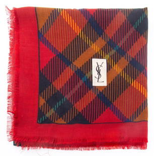 Yves Saint Laurent Colorful Plaid Silk Blend Scarf: Yves Saint Laurent Colorful Plaid Print Silk Blend Scarf with red border, marked "YSL" lower right and with "Yves Saint Laurent / Silk / Wool" label. 55" H x 52.5" W. Provenance: From a 575 Park