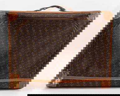 Louis Vuitton Soft-Side Zipper "Pullman" Suitcase: Louis Vuitton Soft-Side Zipper "Pullman" Suitcase, LV monogram brown canvas, leather top handle, gold-tone zipper and lock, interior with two elastic side pockets and two straps. 20" H x 26" W x 9.5"