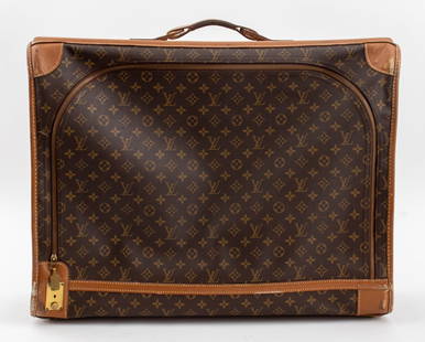 Louis Vuitton Soft-Side Zipper "Pullman" Suitcase: Louis Vuitton Soft-Side Zipper "Pullman" Suitcase, LV monogram brown canvas, leather top handle, gold-tone zipper and lock, interior with two elastic side pockets and two straps. 20" H x 26" W x 9.5"