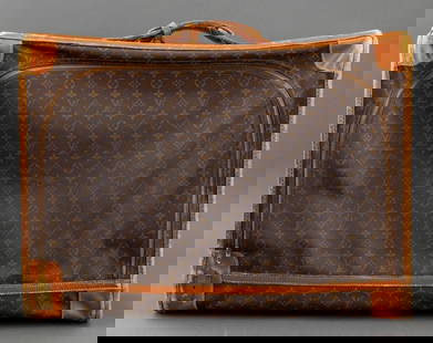 Louis Vuitton Soft-Sided "Pullman" Suitcase: Louis Vuitton Soft-Side "Pullman" Suitcase, LV monogram brown canvas, leather top handle, luggage tag, gold-tone hardware with interior two elastic side pockets and two straps. 22" H x 28" W x 9.5"