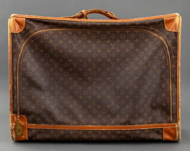 Louis Vuitton Soft-Sided "Pullman" Suitcase: Louis Vuitton Soft-Side "Pullman" Suitcase, LV monogram brown canvas, leather top handle, luggage tag, gold-tone hardware with interior two elastic side pockets and two straps. 22" H x 28" W x 9.5" D.