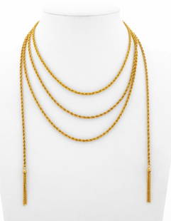 14K Yellow Gold Sautoir Tassel Necklace: 14K Yellow Gold Sautoir Rope Chain Necklace, with tassel terminations, worn around the neck without clasp. Gold tested. Measuring approx. 54", 3.9 dwt. Provenance: From a New York City Collection. Key