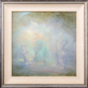 Mario Gurfein Figures Beneath a Tree Oil on Canvas: Mario Gurfein (Argentinian, b. 1945), Figures Beneath a Tree, Oil on Canvas, signed upper right, silvered wood frame. Image: 19.25" H x 19.5" W; frame: 25.5" H x 25.5" W. Provenance: From an Upper