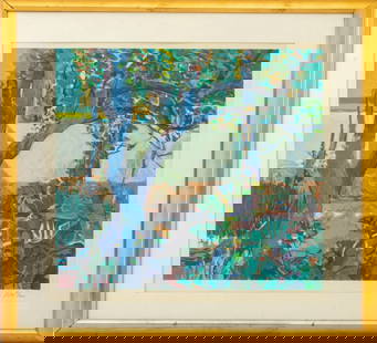Robert Frame "Walled Garden" Color Serigraph: Robert Aaron Frame (American, 1924-1999), "Walled Garden", Serigraph in Colors, signed in pencil lower right, numbered edition "57/295" lower left, giltwood frame. Image: 25.5" H x 25" W; frame: