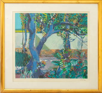 Robert Frame "Walled Garden" Color Serigraph: Robert Aaron Frame (American, 1924-1999), "Walled Garden", Serigraph in Colors, signed in pencil lower right, numbered edition "57/295" lower left, giltwood frame. Image: 25.5" H x 25" W; frame: 34.5"