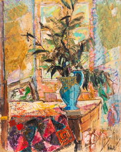 H. Paul Impressionistic Still Life Mixed Media: H. Paul (XX-XXI), Impressionistic Still Life, Mixed Media Oil on Board, with layered paper, depicting a bouquet in a vase in front of a window, signed lower right, unframed. 24" H x 19.5" W.