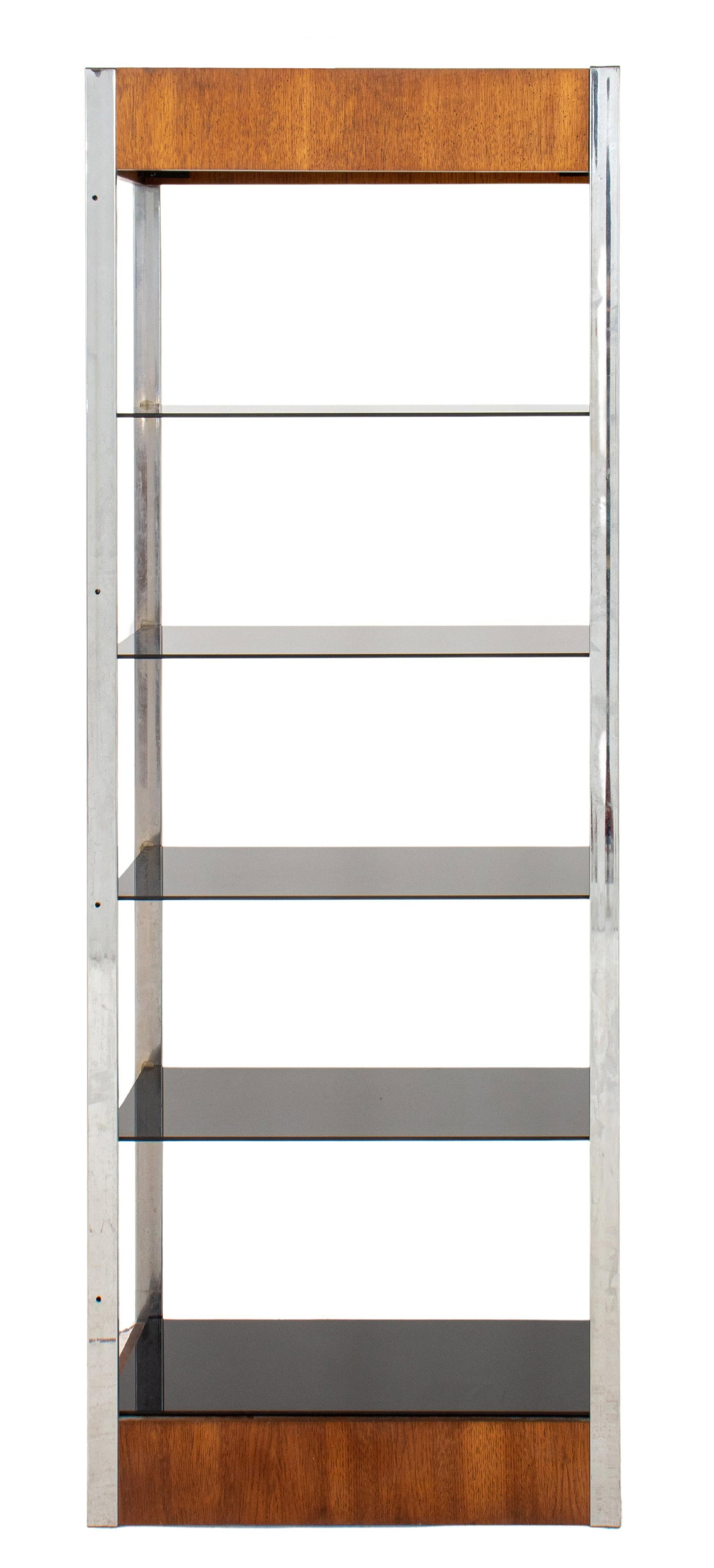 Modernist Walnut, Chrome, & Smoky Glass Etagere: Modernist Walnut, Chrome, and Smoked Glass Etagere, the walnut top containing a lighting element, on four chrome supports, and with four smoke glass shelves. 71" H x 26" W x 14" D. Provenance: From a 