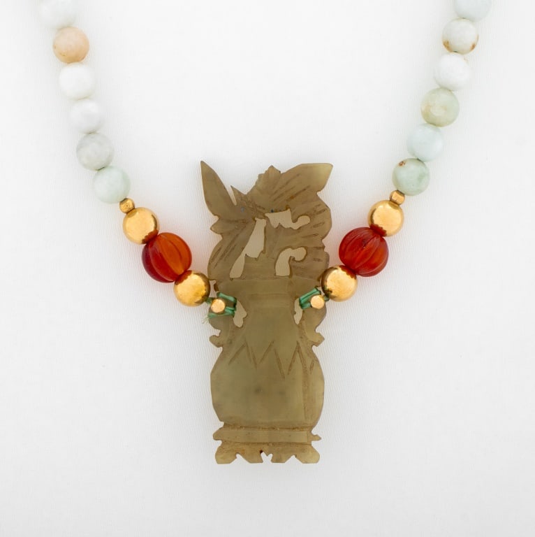 Jade Carnelian Serpentine Pendant Necklace: Jade Necklace, featuring round white jade beads approx. 5.5 - 6.0 mm, decorated with vermeil beads, carnelian beads, and a carved serpentine pendant, strung on silk cord, joined with vermeil fish hook