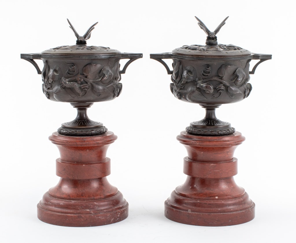 Neoclassical Bronze Covered Urns on Marble, Pair (1 of 11)