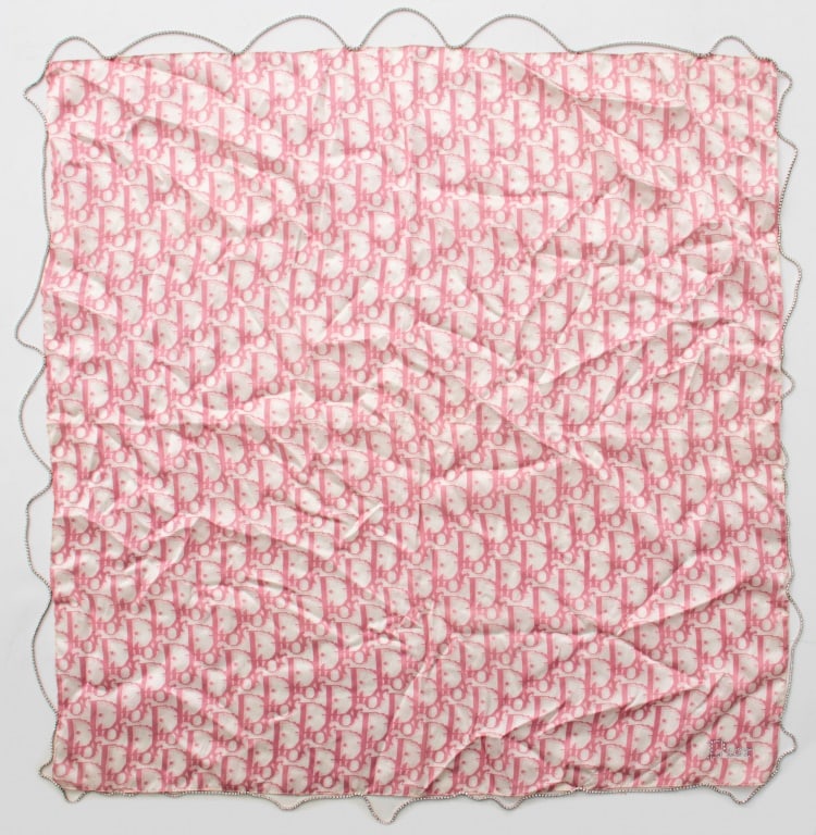 Christian Dior Swarovski Crystal Silk Scarf: Christian Dior White and Pink Monogrammed Silk Scarf with Swarovski Crystals Fringe. 21" L x 21" W. Provenance: From a New York City Collection. Keywords; Fashion, Accessories, Handkerchief, Square, D