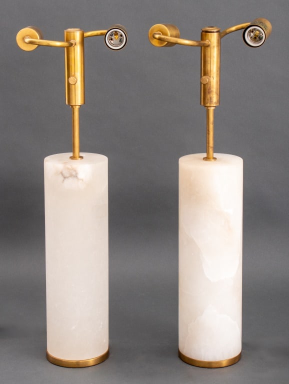 Cylindrical Calcite Gilt Brass Lamps, Pair (1 of 8)