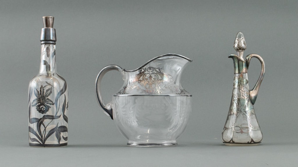 Art Nouveau Silver Overlay Glass Vessels, 3 (1 of 8)