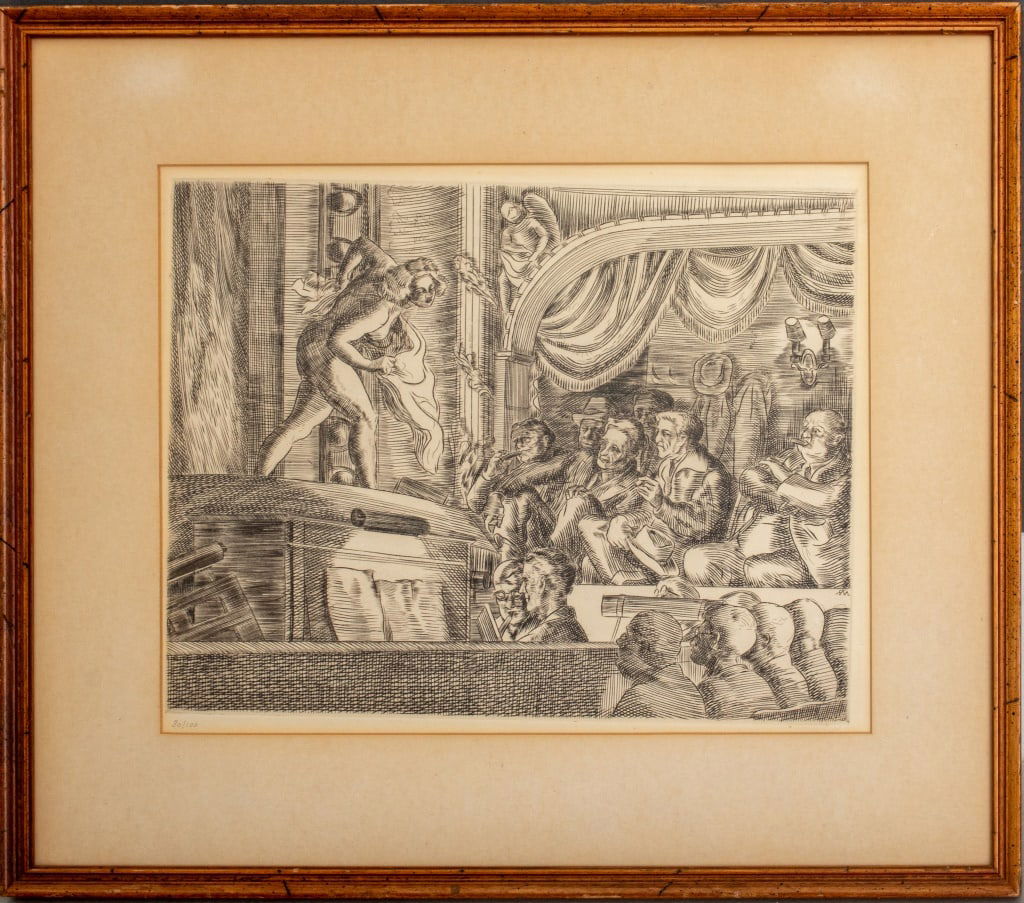 Reginald Marsh "People's Follies" Etching: Reginald Marsh (American, born France, 1898-1954), "People's Follies", Etching on Paper, depicting a nude burlesque dancer performing on stage for a boisterous audience, numbered edition "30/100" lowe
