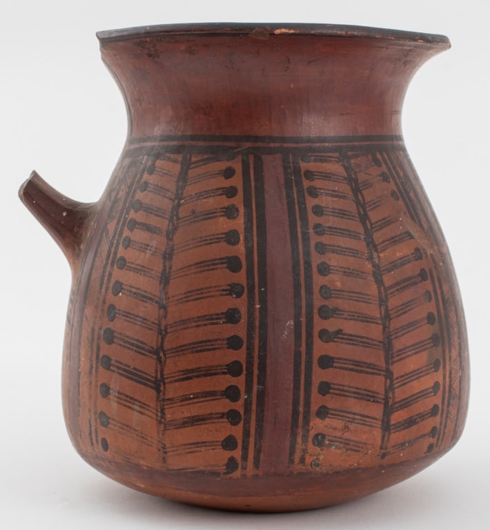 Native American Redware Vase, Probably Hohokam: Native American Redware Vase, probably Hohokam, with hand-painted red and black geometric foliate design, old ink and grease crayon acquisition marks to side and underside. Losses to handle and rim. 7