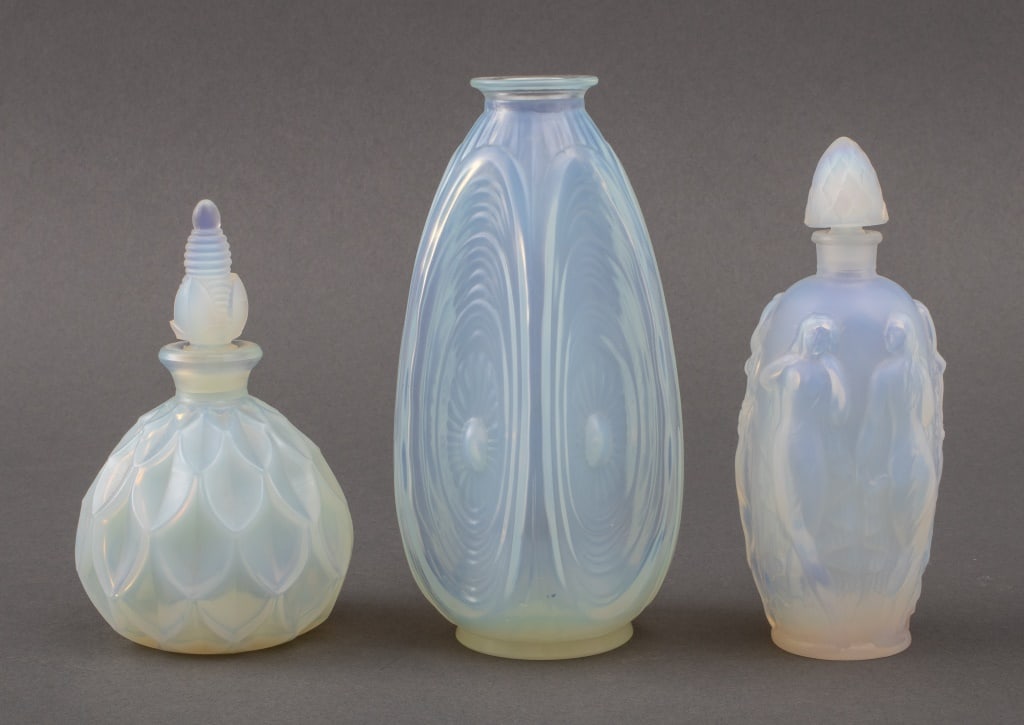 Sabino Opalescent Glass Vase & Perfume Bottles, 3: Sabino Opalescent Art Glass "Les Ondes" Vase, "Gaite" Perfume Bottle, and "Petalia" Perfume Bottle, made in France, marked "Sabino / Paris". 6.75" H x 2.5" Diameter. Provenance: Property from an estat