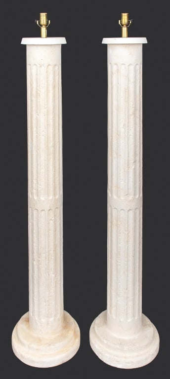 Michael Taylor Attr. Plaster Column Floor Lamps, 2: Pair of Michael Taylor Attributed Classical Style Plaster Columnar Floor Lamps. One harp lacking. 70.5" H x 12" diameter. Provenance: From an Upper East Side Townhouse. Keywords: Lighting, Tiered base