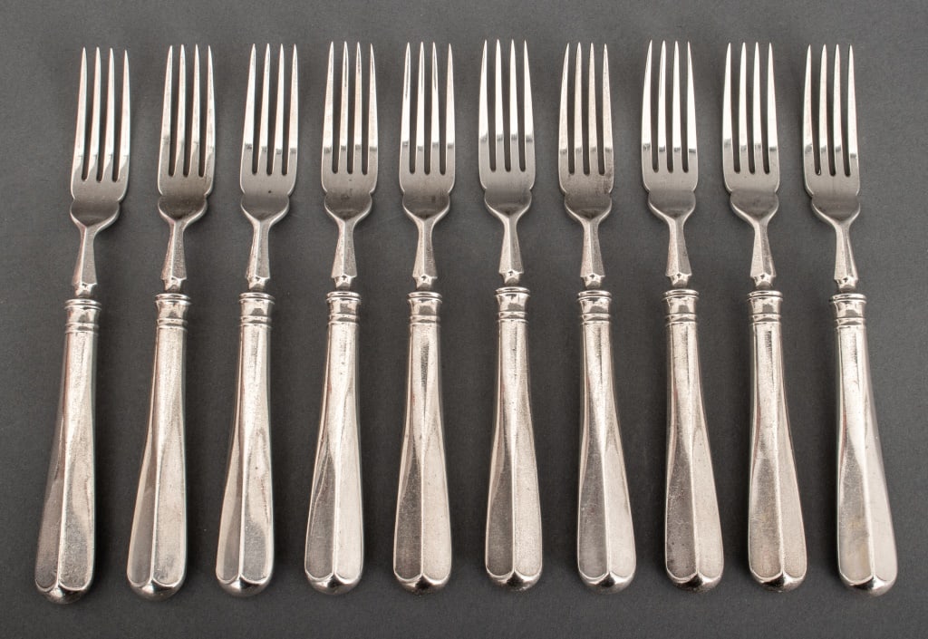 Asprey & Co. Sterling Silver Luncheon Forks, 10: Set of 10 Asprey and Company Sterling Silver Luncheon Forks, all struck with hallmarks and maker's marks, circa 1960. Weight: 16.8 ozt.; 7.5" L. Provenance: From a New York City Collection. Keywords: 